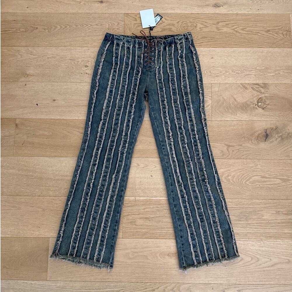 Boohoo Jeans Lace Up Distressed Seams Size US 8 Vintage Wash Blue Brown